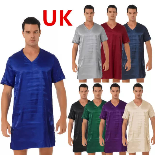 UK Mens Silk Nightshirt V Neck Short Sleeve Casual Top Shirt Sleepwear Nightgown