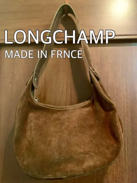 Vintage LONGCHAMP Leather Shoulder Bag Suede Brown Made in France
