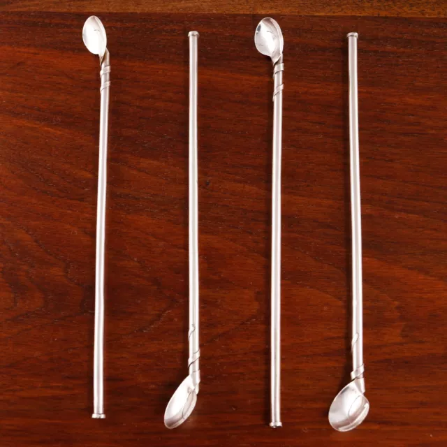 4 Taxco Mexican Sterling Silver Sipper Straw Spoons Curlicue Bowl No Monogram
