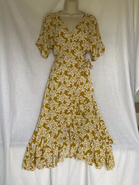 Prwtty Mustard & White Floral Wrap Around Summer Long Dress Approx 10