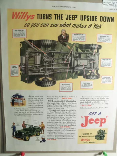 1946 Willys Overland Jeep Upside Down Wagon Army Advertising Page Ad 14"x11"