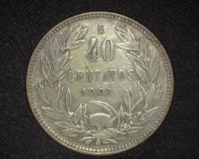 Chile 1908 Silver 40 Centavos Km163 Very Fine ~Fcs-981