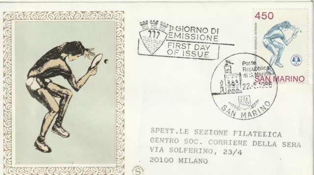 1986 Fdc Filagrano San Marino Camp. Mond. Tennis Tavolo Mf81717