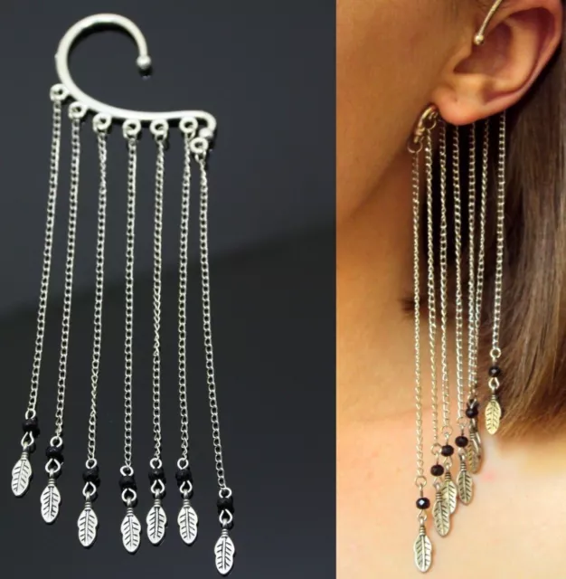 Silver Chain Ear Cuff Feather Non Pierced Earrings Women Long Chain Dangle Cuff