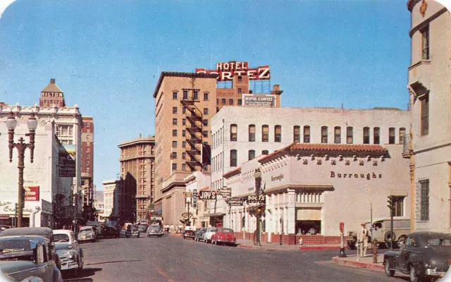 El Paso Texas Mills Street View Hotel Cortez Hilton Vintage Postcard Q13