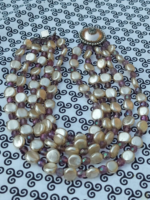 Collier Biche De Bere Vintage - 6 Rangs, Perles Blanches & Argenté, Années 90