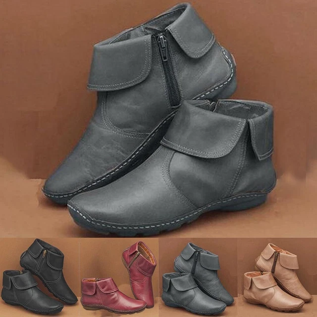 1 Pair Women Ankle Boots Flat Leather Arch Support Casual Bootie Shoes
