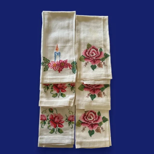 Antique Handmade Embroidered Linen Napkins With Roses Designs 15” X 25”