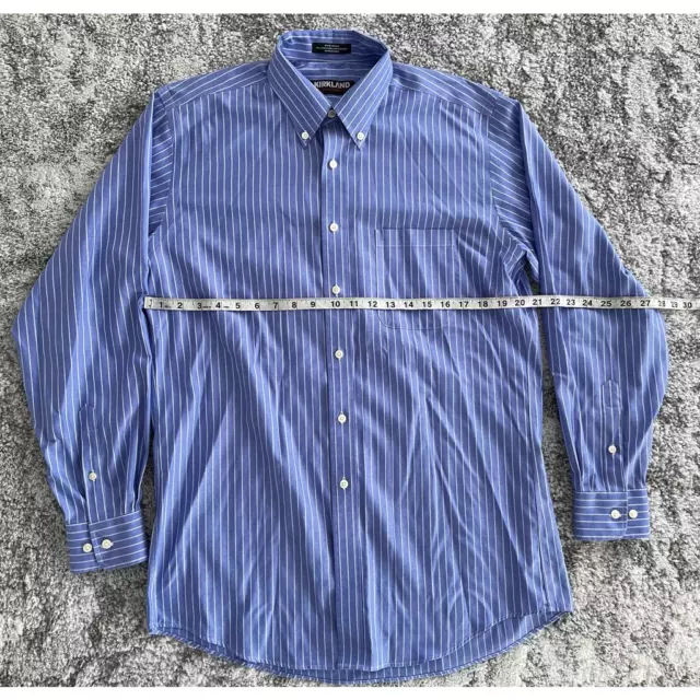 KIRKLAND SIGNATURE MENS Oxford Shirt Blue White Striped Non Iron Pocket ...