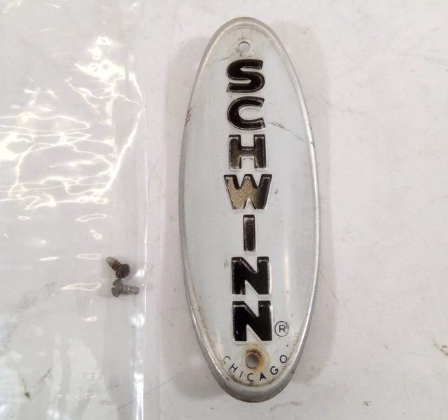 Vintage Schwinn Chicago Head Badge Black & White With Screws Stingray