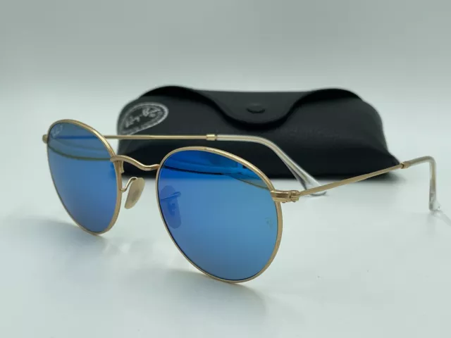 Ray Ban ROUND RB3447 112/4L Blue Flash POLARIZED/ Gold AUTHENTIC ITALY 50mm