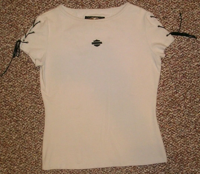Womens Harley Davidson Beige Shortsleeve Blouse Shirt Top Sz Medium EUC !!