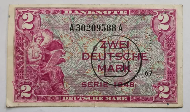 Zwei Deutsche Mark Banknote Serie 1948 B Stempel