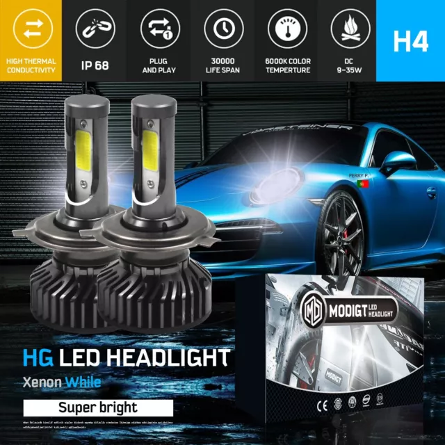 Kit Ampoules Led H4 6000K 72W Blanc Pur Auto Moto 8000 Lumens Feu Phare