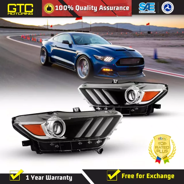 Headlights For 15-17 Ford Mustang LED DRL Projector Lamps Black Clear Pair
