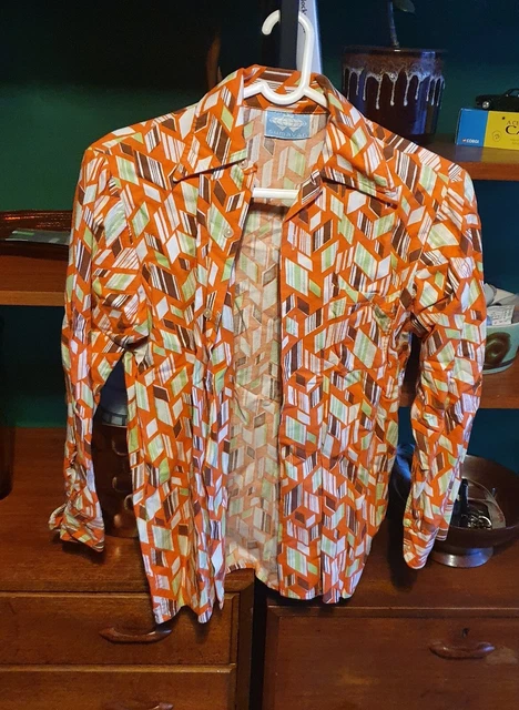 Camicia Colletto Uomo Sessanta Settanta Modello Geometrico Vintage Mod Disco 14,5 XS S