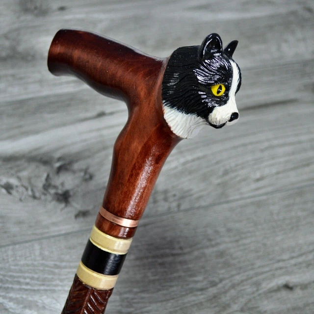 Bastone da passeggio in canna Legno intagliato a mano - Gatto / Regno Unito