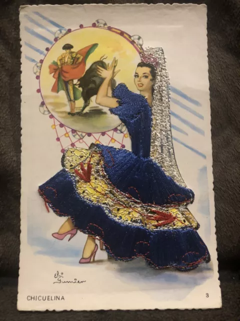 Elsi Gumier, EMBROIDERED POSTCARD, Spain Spanish Lady in Blue Costume Bull Fight