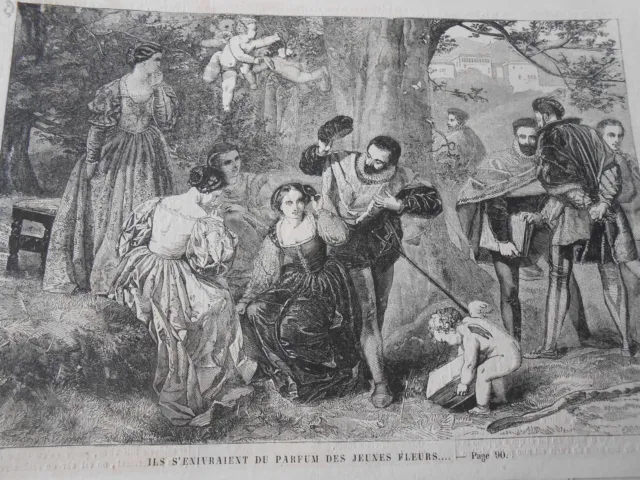 Gravure 1859 - Ils s'enivraient du parfum des jeunes fleurs