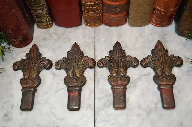 One Antique Pair Fleur De Lis Cast Iron Finials Drapery Architectural Salvage