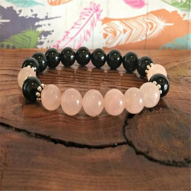 8mm Rose Quartz Obsidian Gemstone Mala Bracelet 7.5 inches Unisex Buddhism Sutra
