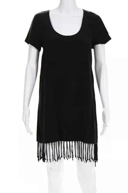 Madison Marcus Womens Silk Short Sleeve Fringe Dress Black Size Small