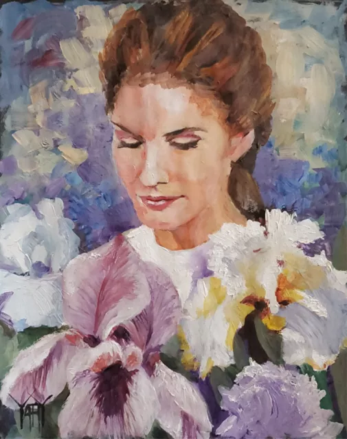 YARY DLUHOS Woman Garden Flower Female Floral Portrait Original Art Oil Painting