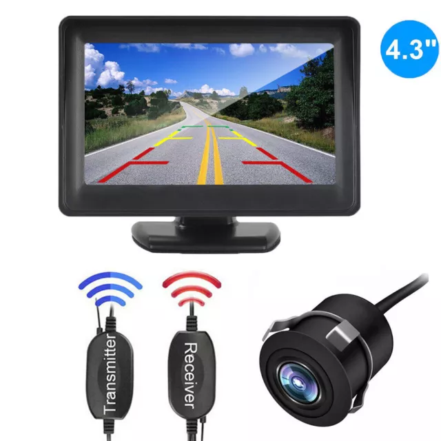 Car Backup Camera Rear View System Night Vision Mirror Monitor & Wireless 4.3"