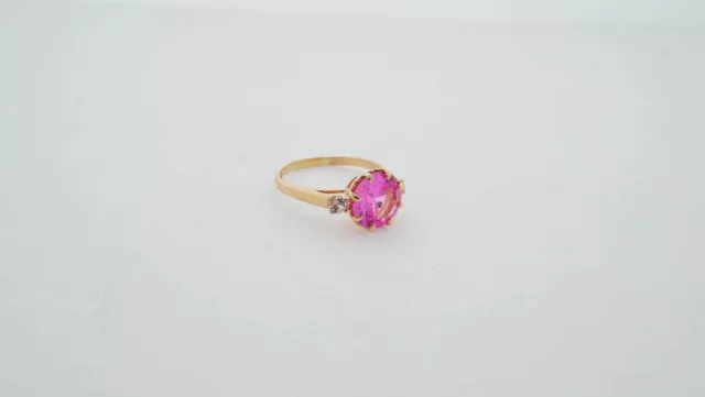 14k Yellow Gold CZ Pink Center Stone Vintage Estate Sale Ring Size 8.75 2