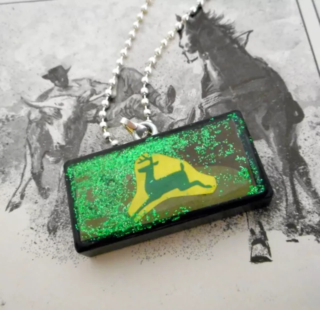 Yellow and Green Deer Collage Domino Necklace Pendant Reclaimed Mixed Media Art
