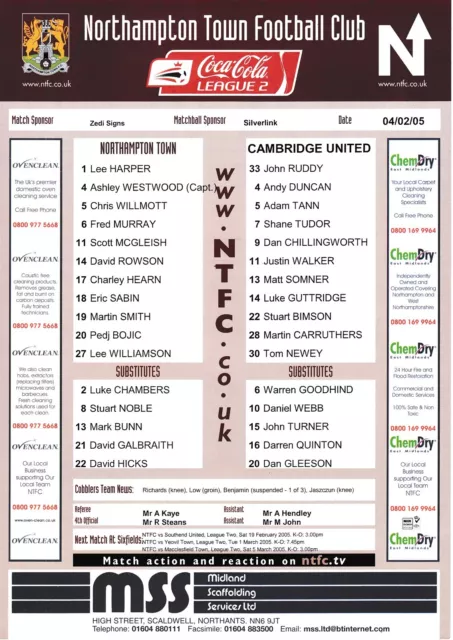 Teamsheet - Northampton Town v Cambridge United 2004/5 (4 Feb)