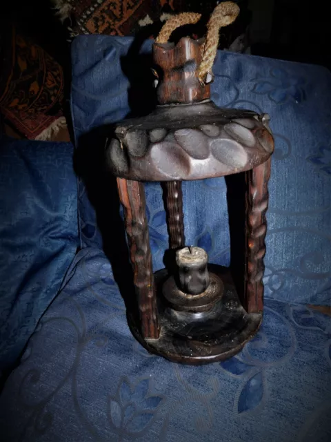 Unusual Vintage Wooden Chip Carved Lantern Candle Holder Rope Handle Iron Studs