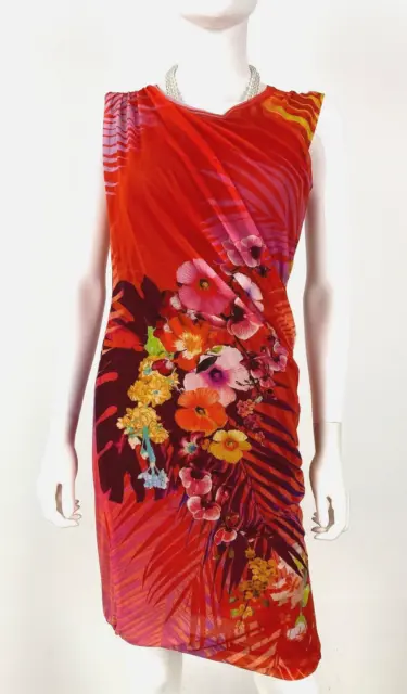 Fuzzi New 4 6 US 42 IT S Red Floral Stretch Mesh Ruched Dress Lined Runway Auth