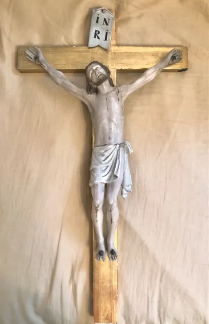 Exquisite  French 18Th C. Crucifix Ca. 1780 Original Polychroming Carved Wood