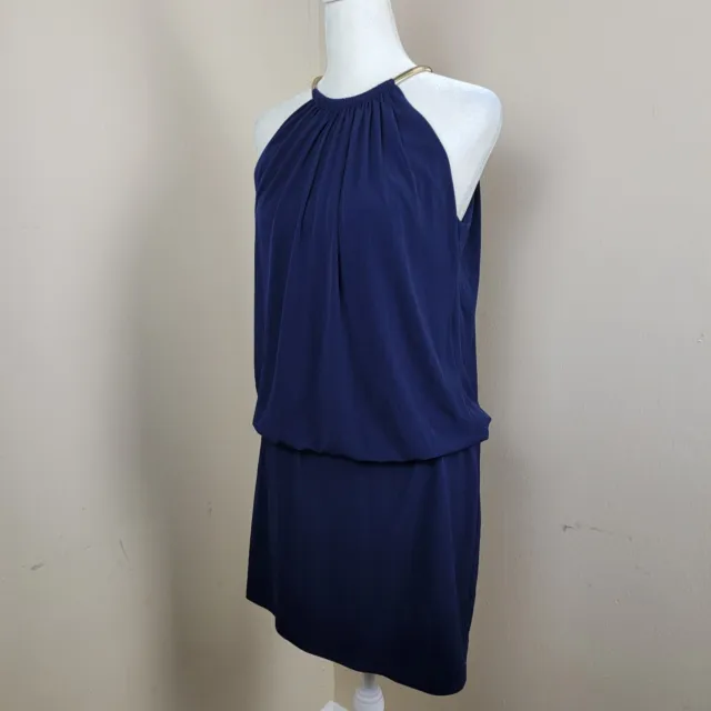 Jessica Simpson Sleeveless Halter Dress Gold Chain Neck Blouson Blue Women's 6