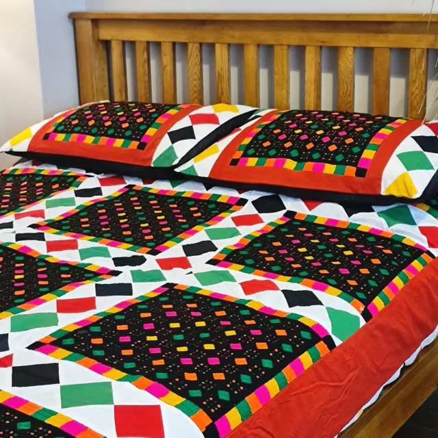 Handmade Patchwork Vintage Quilt, Bedspread Throw, with Matching Pillow Cases