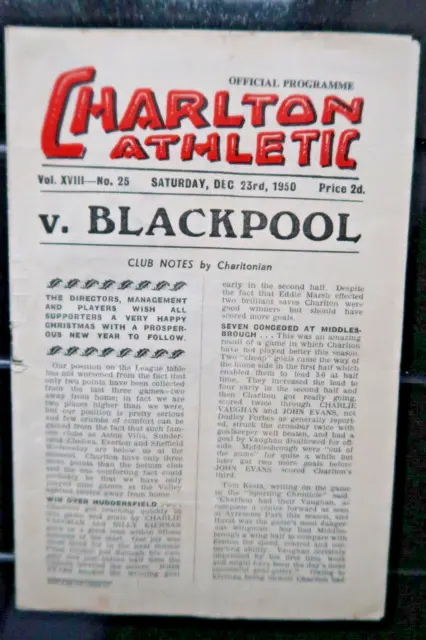 Charlton V Blackpool Football Programme 1950 - 1951 Division 1