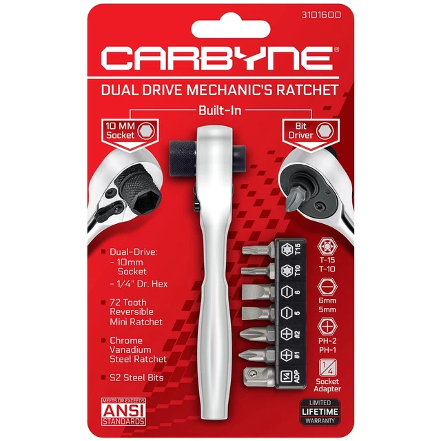 DUAL DRIVE MECHANIC'S Ratchet with Built-In 10mm Socket and Bit Driver ...