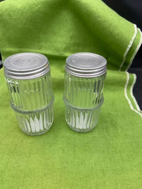 2 Hoosier Cabinet Spice Jars Vintage Ribbed Glass Metal Lids