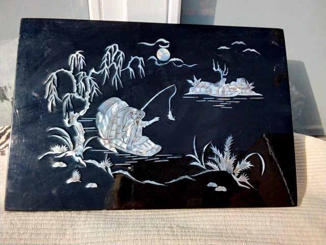 Vintage Vietnamese Oriental Asian Black Laquered & Mother Of Pearl Picture
