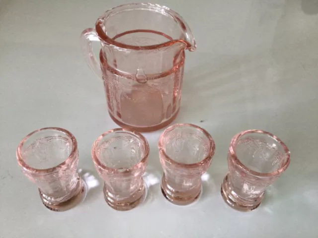 Mosser Pink Depression Glass -  Miniature pitcher and four tumblers