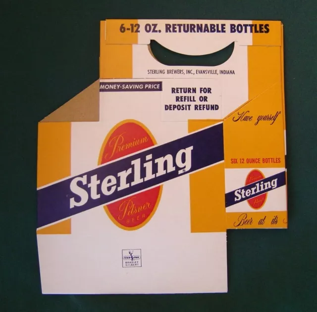 Sterling Beer Bottle Carrier 6 Pk Cardboard 12 Oz Original Vintage Evansville In