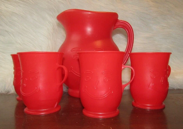 Vintage Red Kool Aid Man 2 Quart Pitcher and 4 Red Cups