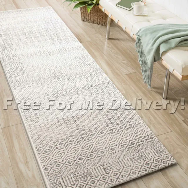 SULIS MOROCCAN DIAMONDS IVORY GREY MODERN RUG RUNNER (XL) 80x500cm *FREE DELIVER