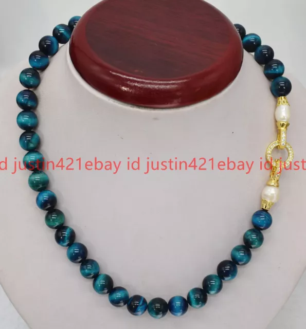 10mm Genuine Natural Lake Blue Tiger's Eye Round Beads Gemstone Necklace 16-36"