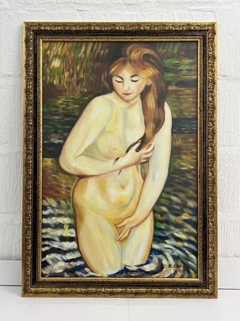 Oil Painting of Naked Woman Bathing in Lake in Gold Black Picture Frame