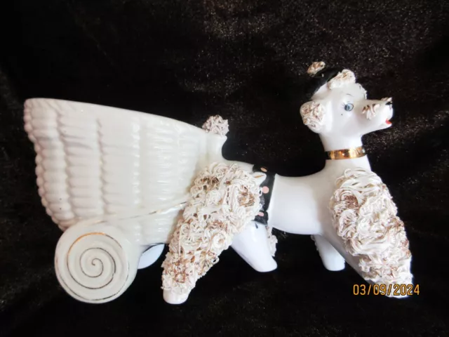 Vintage Lefton 8" Ceramic SPAGHETTI POODLE PLANTER #KB50065 Poodle Pulling Cart