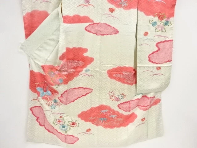45290# Japanese Kimono / Antique Furisode / Embroidery / Shibori / Cloud With Fl