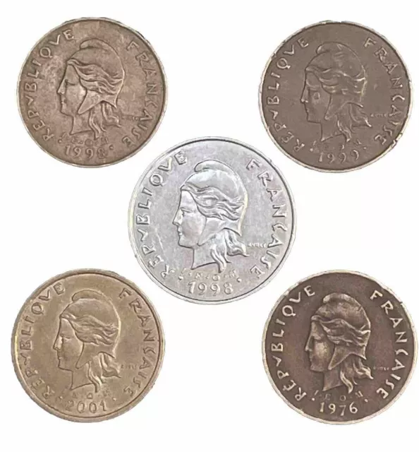French Polynesia 50 Francs Coin 1998 & Four 100 French Polynesia Francs Coins