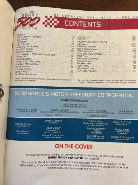 1989 INDIANAPOLIS MOTOR Speedway Indy 500 Race Program Emerson ...